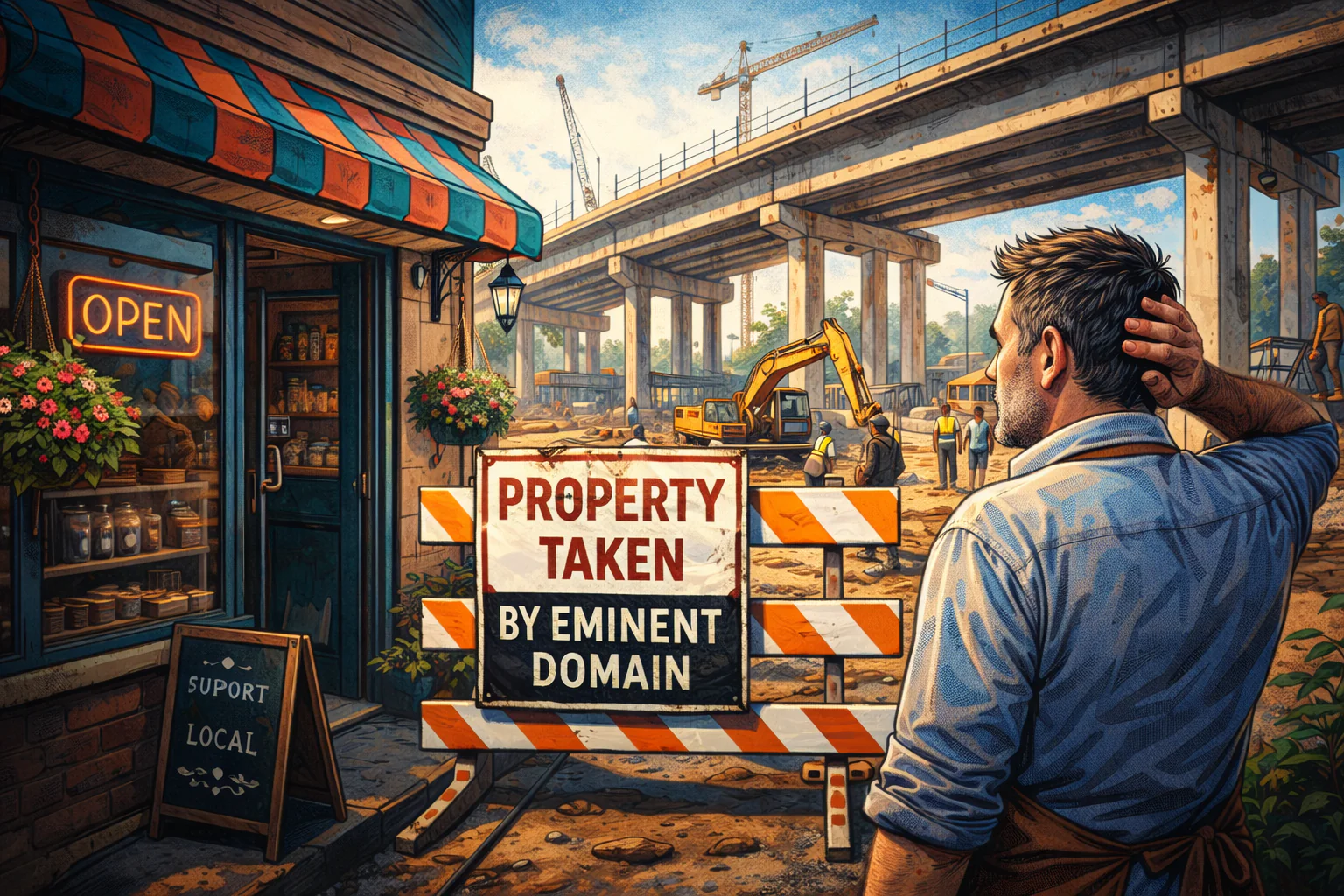 Illustration of a business impacted by eminent domain with construction and a concerned owner.