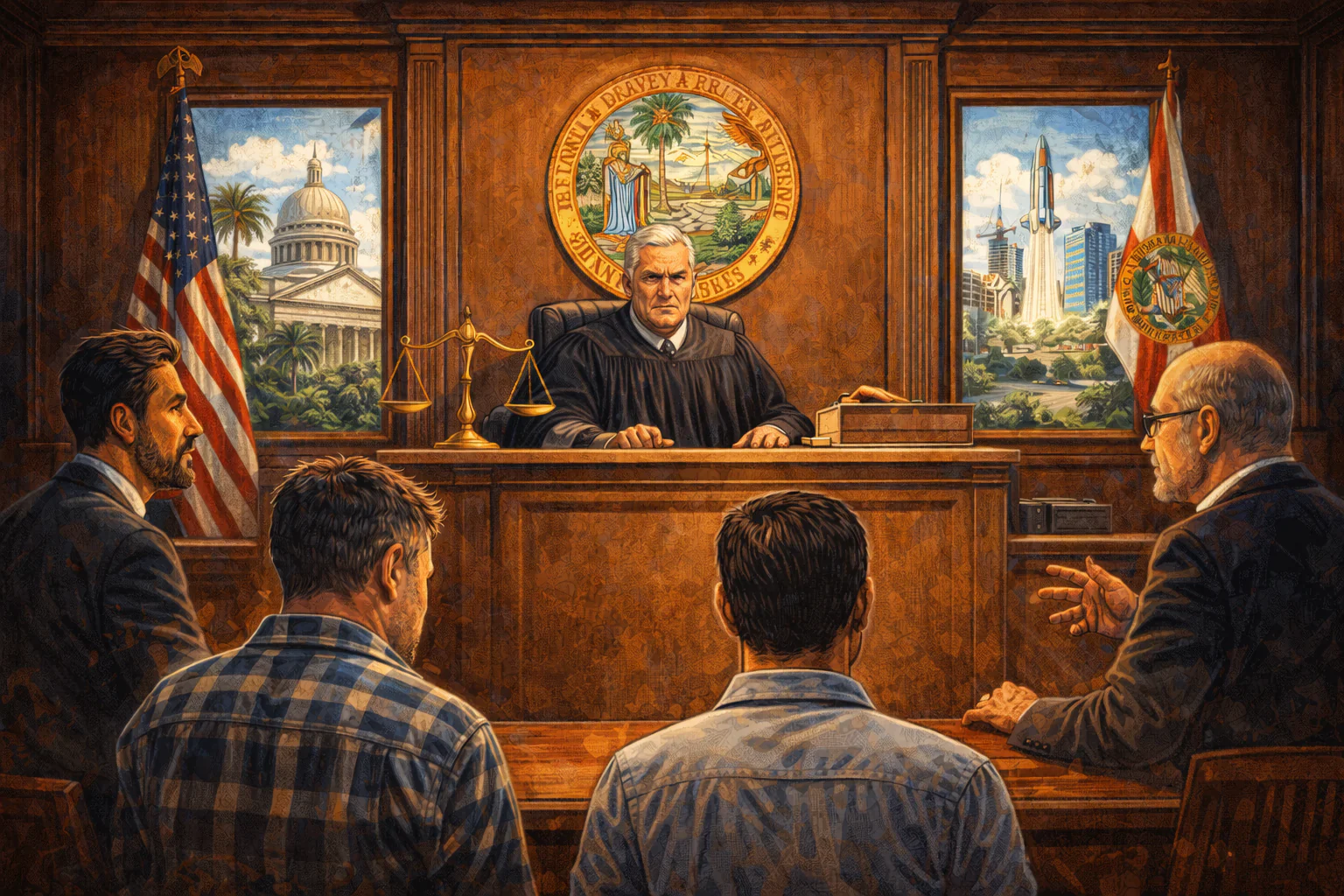 Courtroom scene depicting a property rights case in Florida.