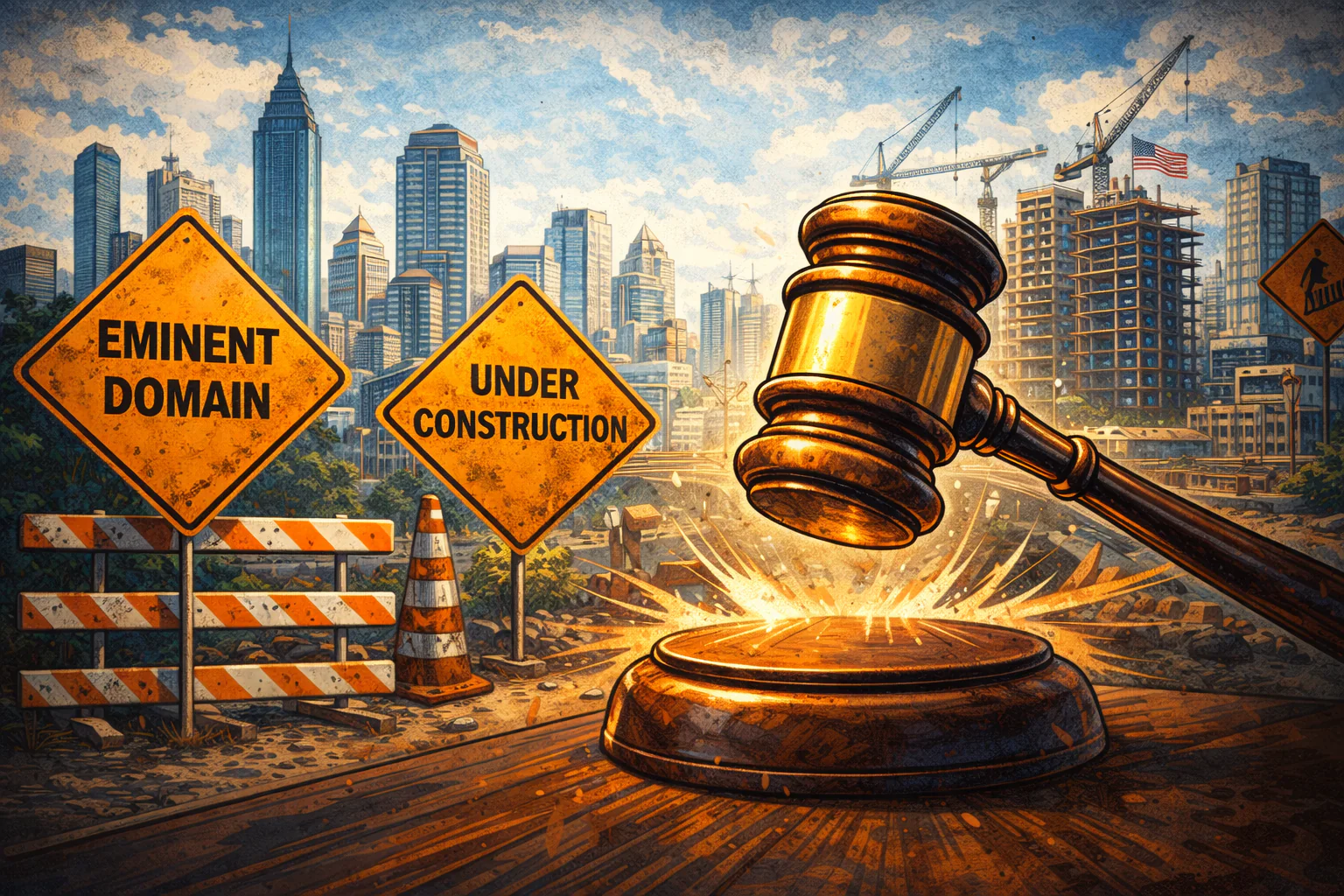 Gavel and city skyline representing property rights and law.